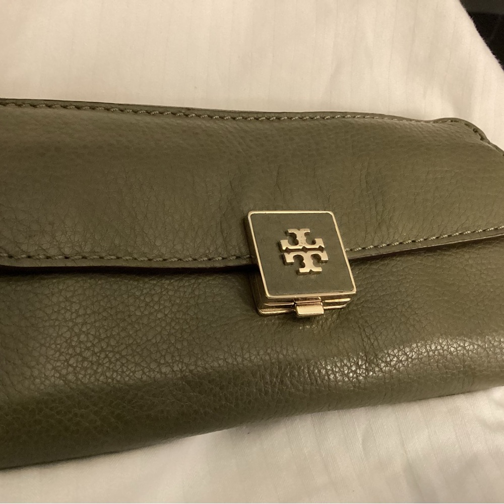 Tory Burch Olive Leather Clutch with Gold Accent